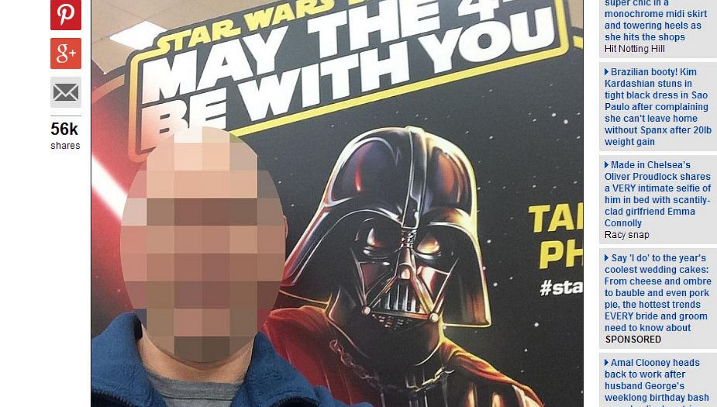The Australian man who took a selfie with a Darth Vader display at a shopping centre in Melbourne on May 6, 2015. He was mistaken to be a "creep" by a woman nearby and had his photo uploaded on Facebook. -- PHOTO: SCREENGRAB FROM WWW.DAILYMAIL.C