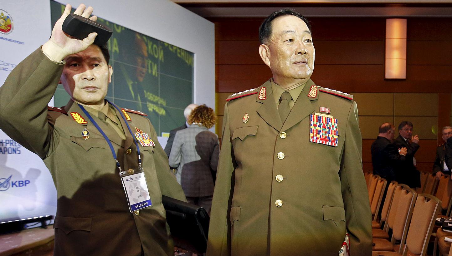 Senior North Korean military officer Hyon Yong Chol (right) at the 4th Moscow Conference on International Security (MCIS) in Moscow on April 16, 2015. Hyon has been executed by anti-aircraft fire for disloyalty and showing disrespect to leader Kim Jo