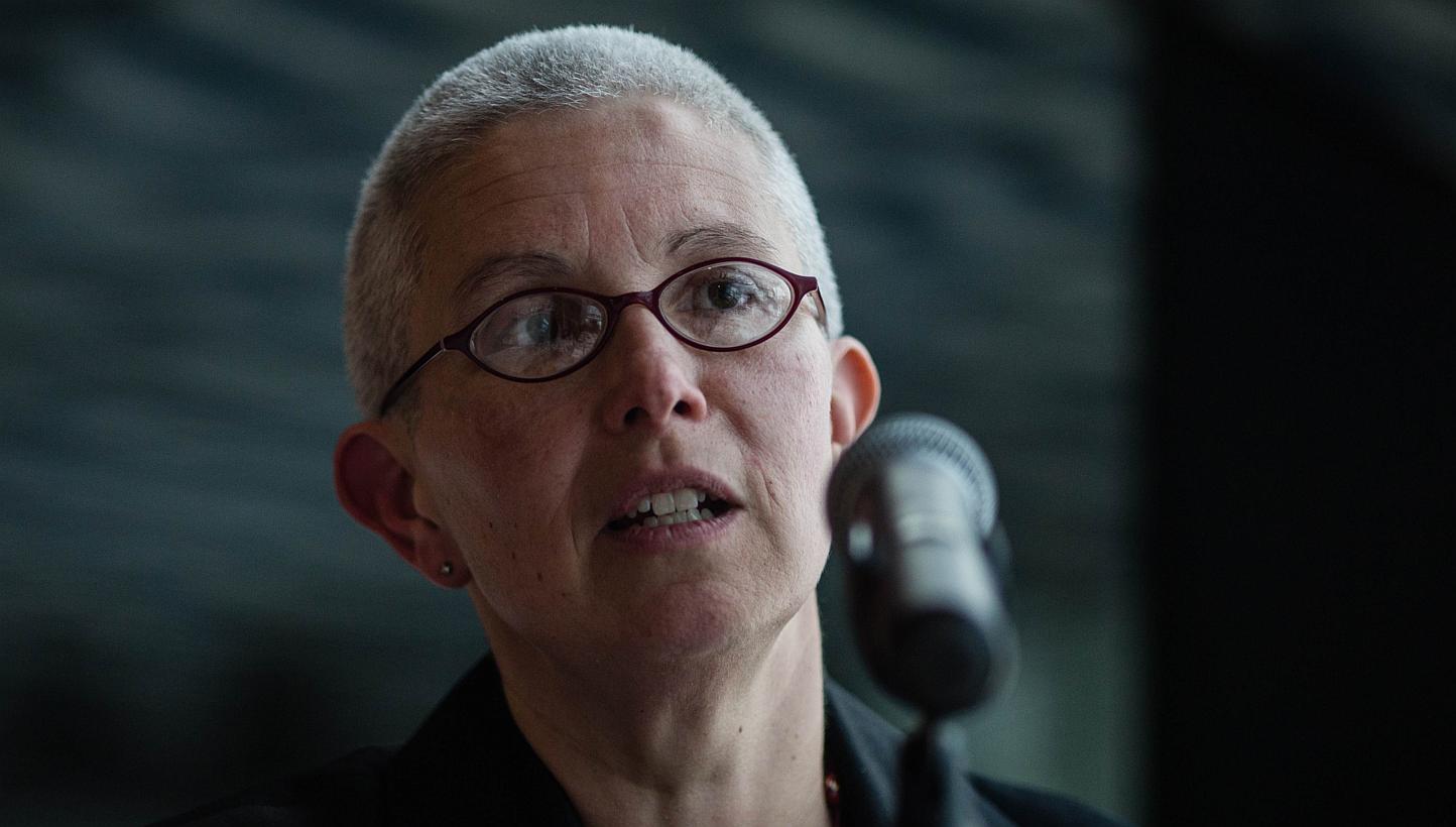 Ms Sophie Richardson, China director at Human Rights Watch speaks at the Foreign Correspondents' Club in Hong Kong on May 13, 2015, following the release of a report of police torture of criminal suspects in China. -- PHOTO: AFP