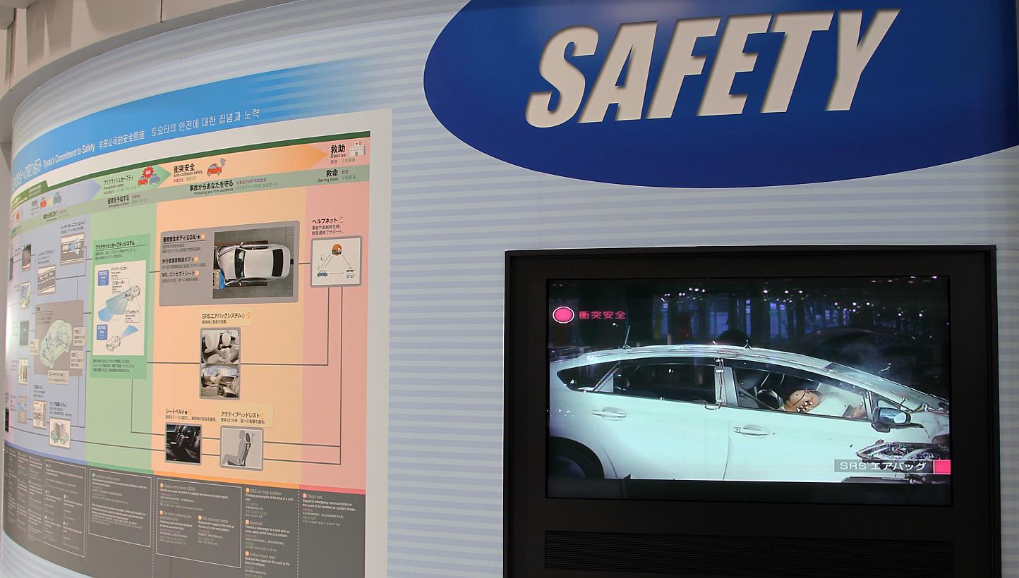 A screen displaying a video on airbag safety on Toyota vehicles at the company's showroom in Tokyo in 2013. Toyota and rival Nissan on Wednesday announced the recall of about 6.5 million vehicles globally in the latest chapter of an exploding airbag