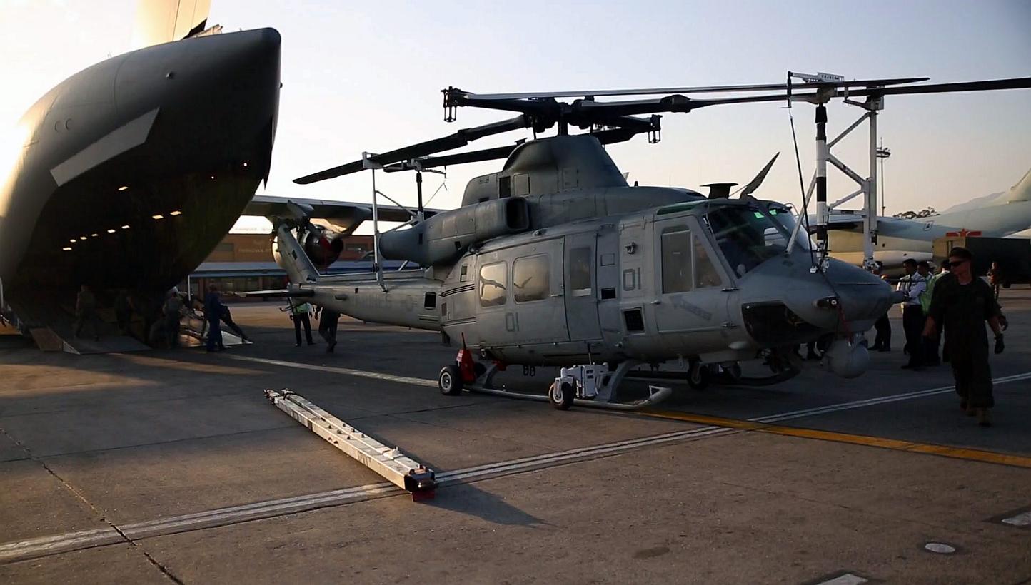 A handout picture shows US Marines at Tribhuvan International Airport in Kathmandu, Nepal, on May 3, 2015.&nbsp;A US Marine Corps helicopter involved in disaster relief efforts in Nepal was declared missing on Tuesday while working in the vicinity of