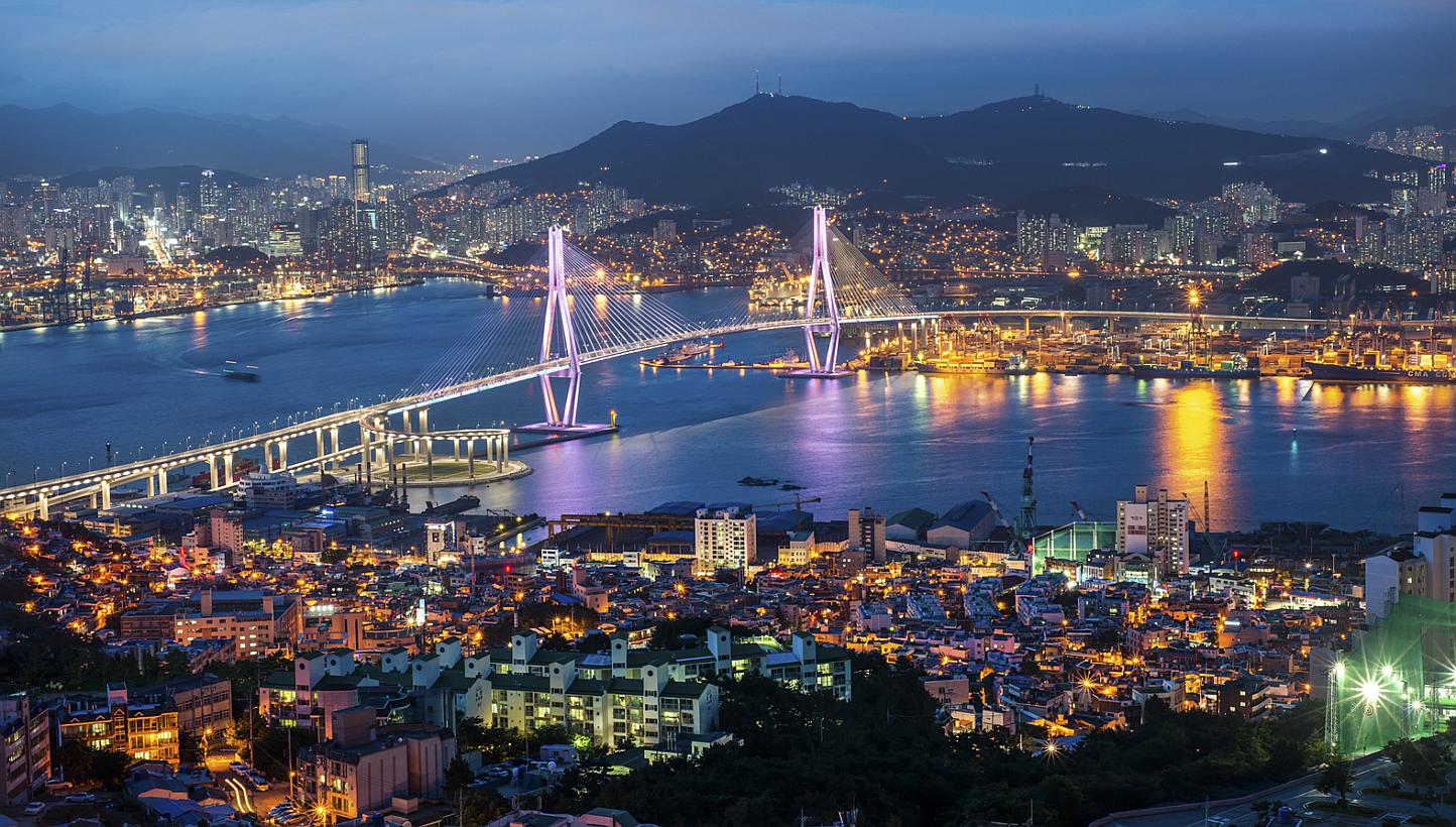 Night view of the Busan Port Bridge, so named as it is built over the city's maritime hub. Opened in May 2014, the 3.3km-long structure is the last of seven bridges built to link the southern coastal lands, improve traffic connectivity and offer a sp