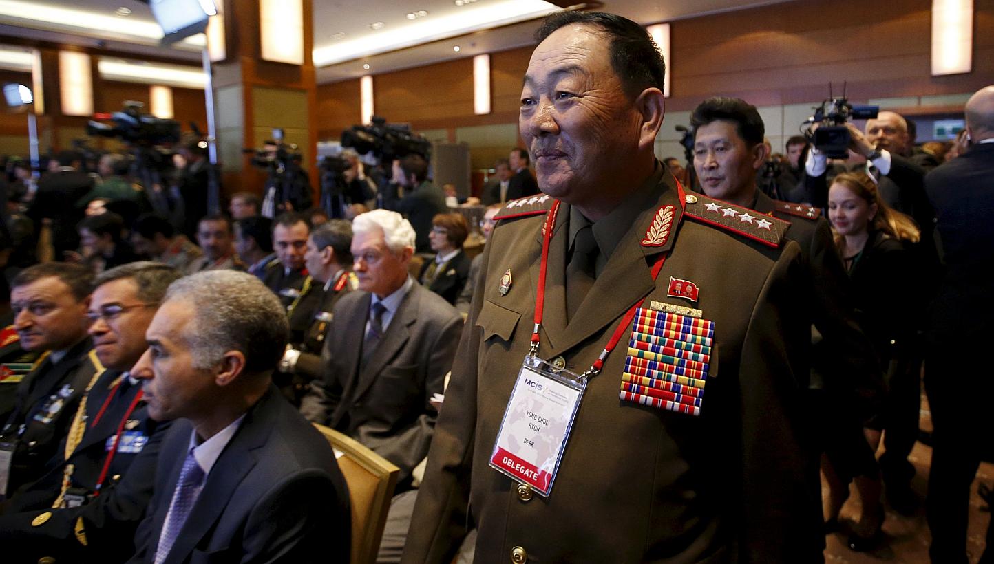 Senior North Korean military officer Hyon Yong Chol (right, front) attending the 4th Moscow Conference on International Security (MCIS) in Moscow on April 13, 2015. -- PHOTO: REUTERS