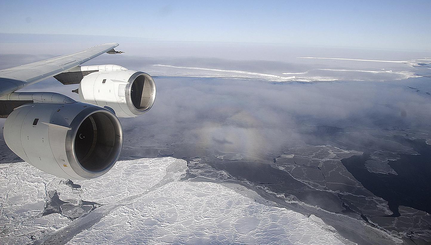 Nasa's DC-8 flies over the Brunt Ice Shelf in Antarctica October 26, 2010 in this handout photo provided by Nasa, on March 26, 2015. The last intact section of one of Antarctica's mammoth ice shelves is weakening fast and will likely disintegrate com