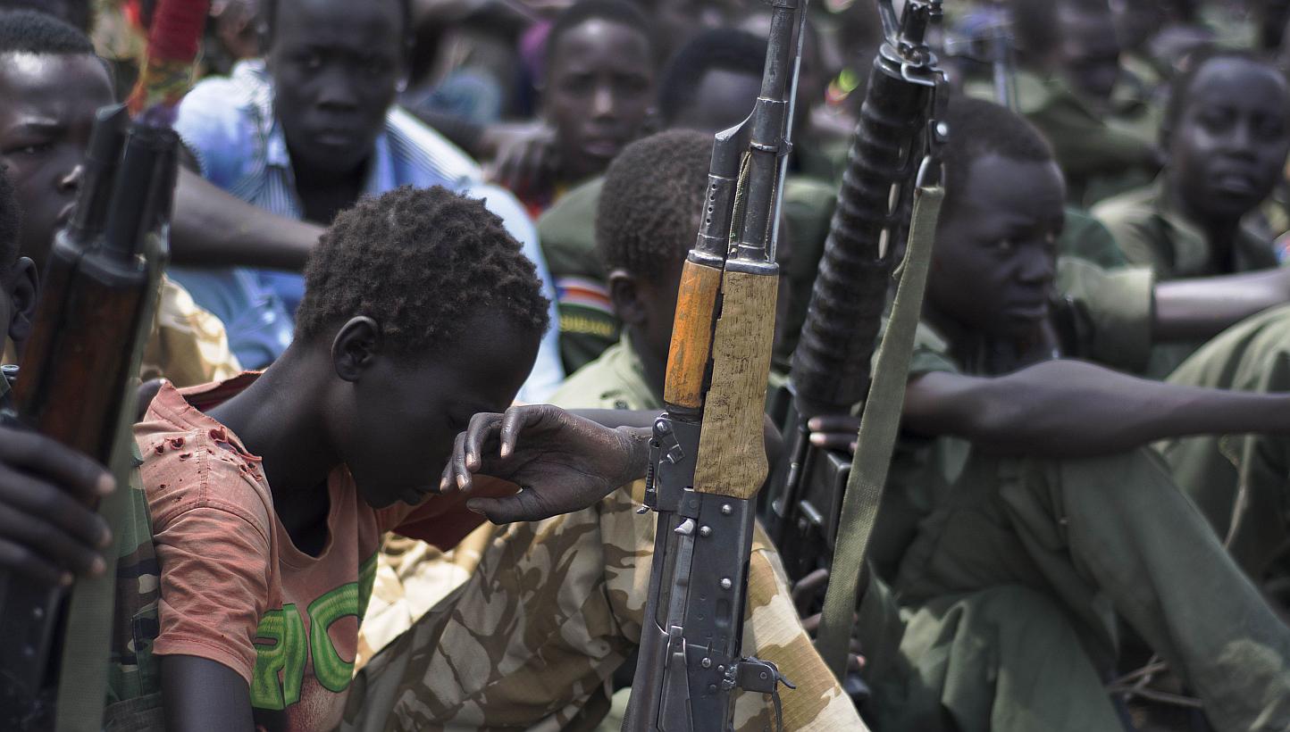A February 2015 file photo shows child soldiers at a disarmament ceremony in South Sudan. Armed groups in strife-torn Central African Republic released 350 child soldiers Thursday, honouring a deal signed with Unicef, the United Nations children