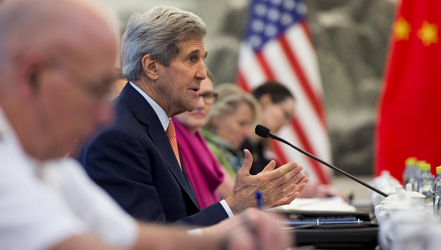 US Secretary of State John Kerry speaking during a meeting with Chinese Foreign Minister Wang Yi at the Ministry of Foreign Affairs in Beijing on May 16, 2015. -- PHOTO: REUTERS 