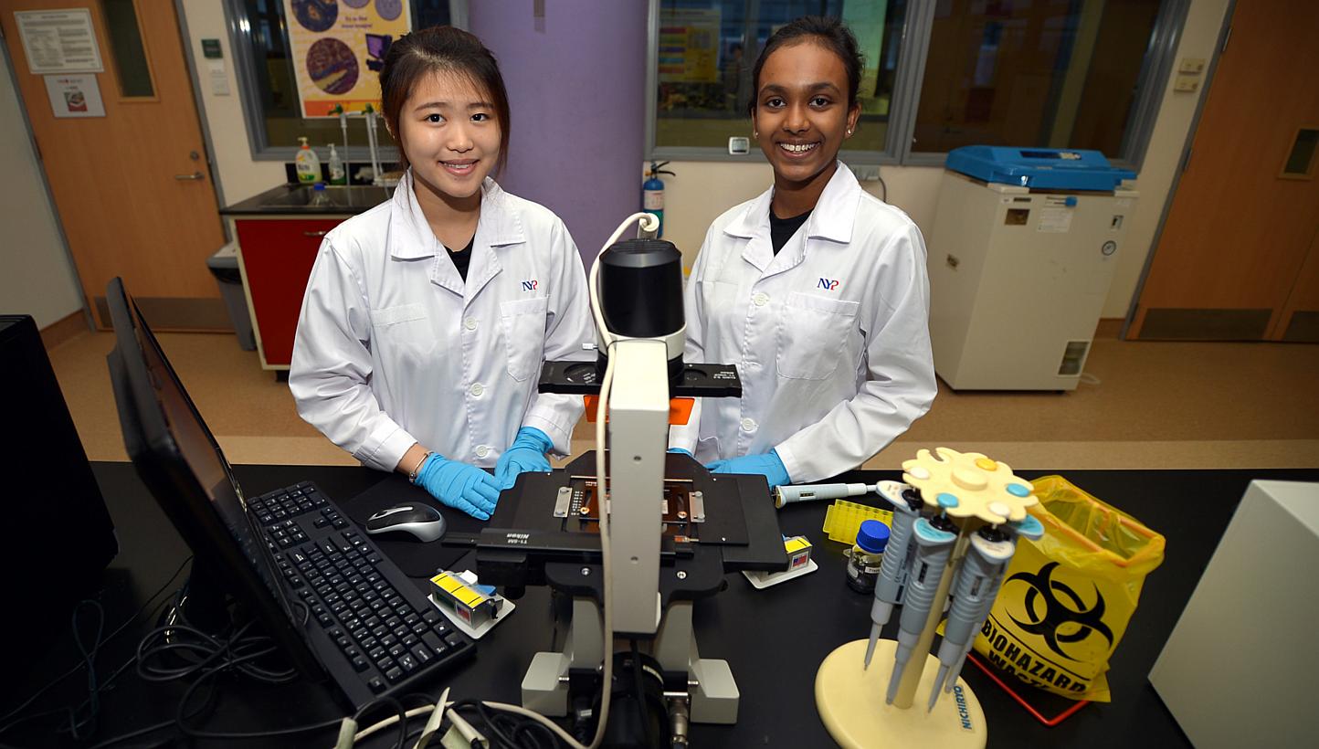 Nanyang Polytechnic students Cheryl Chua and R. Punitha are among those who will start nine-month internships in the biologics industry, in line with the push towards specialised skills. A recent polytechnic survey has found work experience is key in