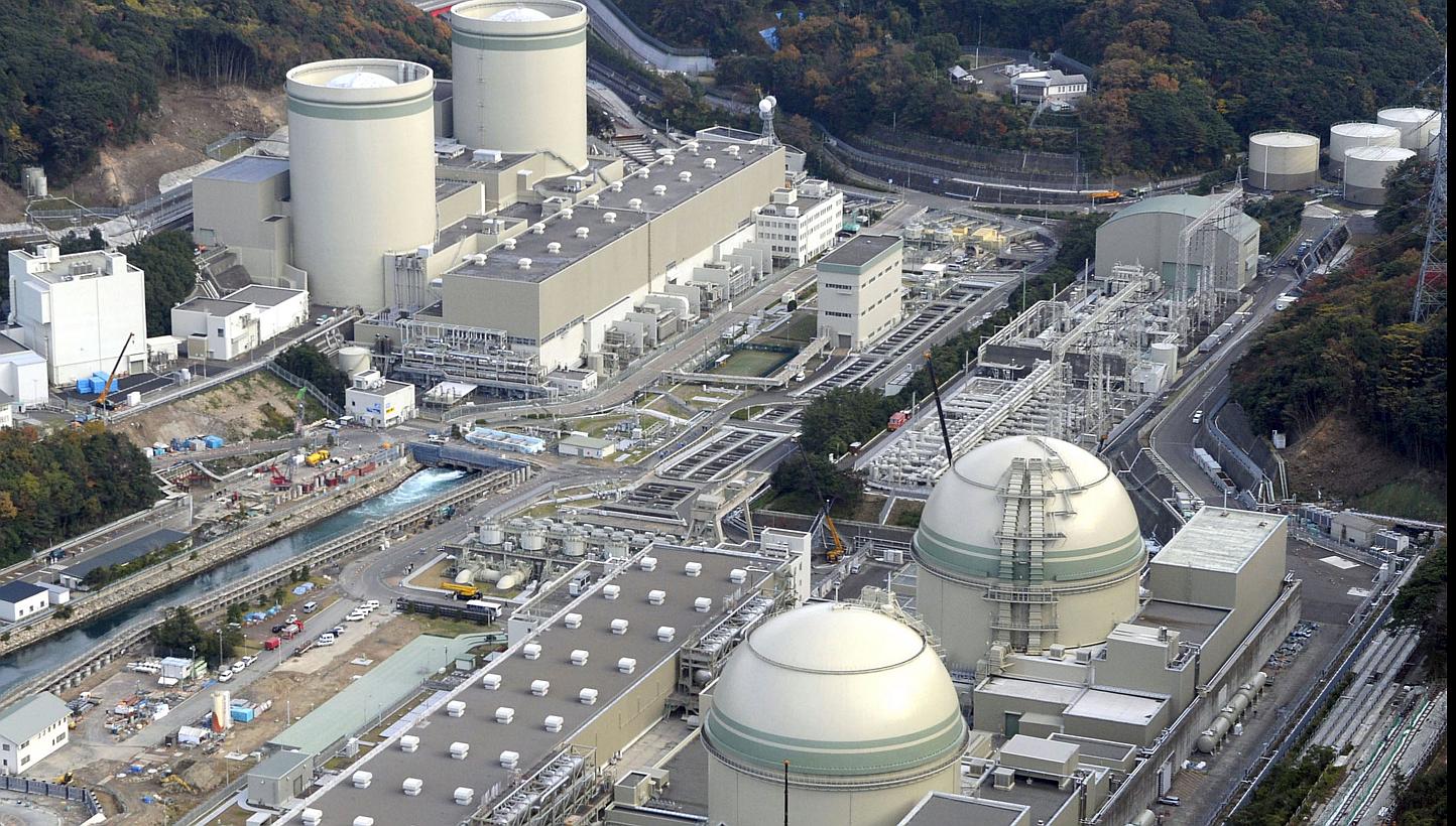 An aerial view shows No. 4 (front left), No. 3 (front right), No. 2 (rear left) and No. 1 reactor buildings at Kansai Electric Power Co.'s Takahama nuclear power plant in Takahama, Fukui prefecture,&nbsp;on Nov 27, 2014.&nbsp;A Japanese court upheld 