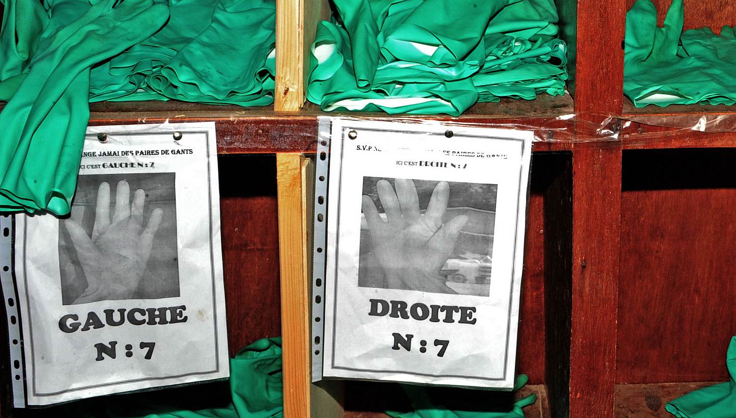 Protective gloves are pictured at the Donka Ebola treatment center on May 2, 2015 in Conakry, Guinea. &nbsp;Ebola has spread further in Guinea and Sierra Leone, with 36 cases in the past week, four times as many cases as the week before, the World He