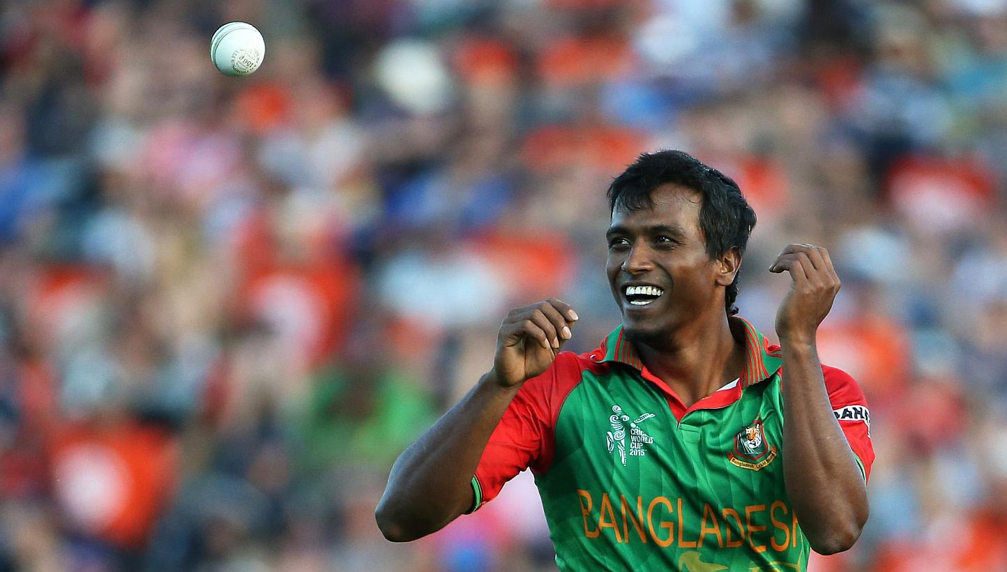 Pakistan bowler Rubel Hossain reacts during the Pool A 2015 Cricket World Cup match between New Zealand and Bangladesh at Seddon Park in Hamilton on March 13, 2015. A Bangladesh court on Wednesday rejected a rape case against World Cup hero Rube