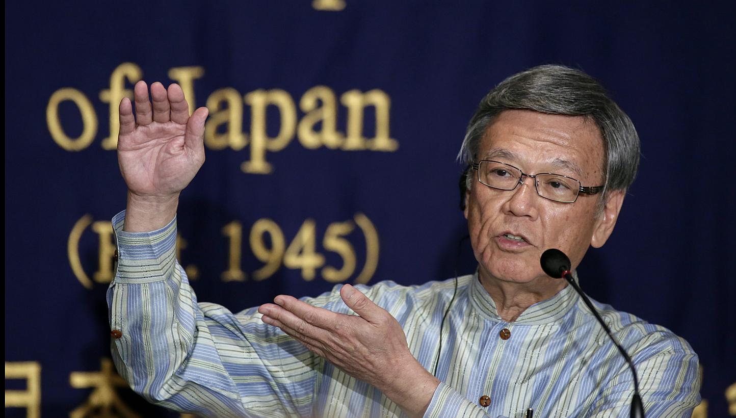 Okinawa Governor Takeshi Onaga speaks at the Foreign Correspondents' Club of Japan in Tokyo Japan, on May 20, 2015. -- PHOTO: EPA