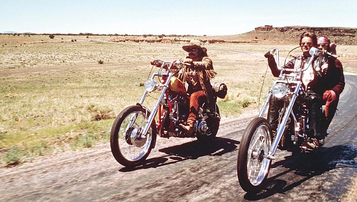 Dennis Hopper (left), Peter Fonda with Jack Nicholson riding pillion (right) in a scene from the classic movie Easy Rider. -- PHOTO: COLUMBIA PICTURES 