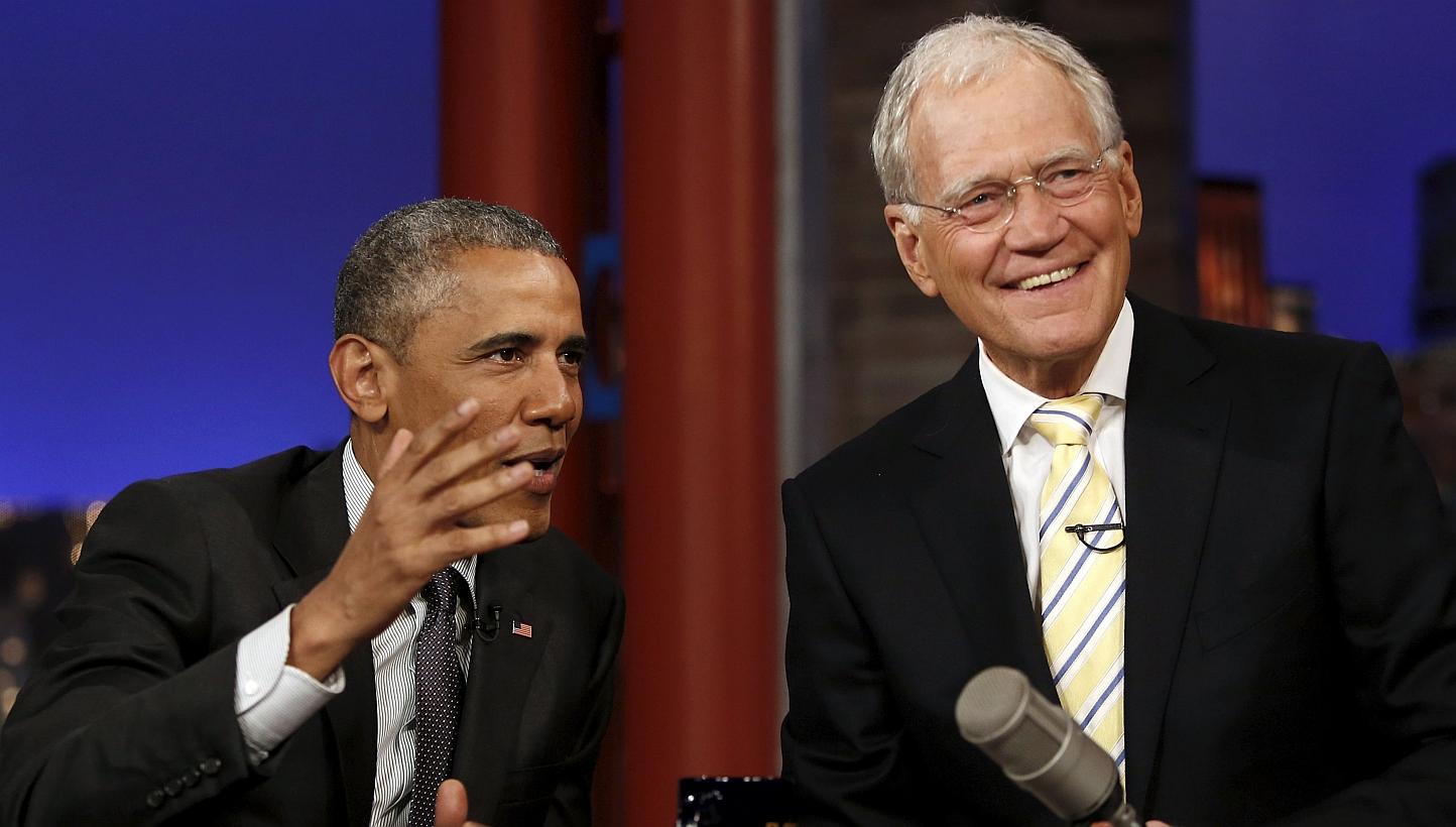 US President Barack Obama tapes an appearance on the Late Show with David Letterman at the Ed Sullivan Theater in New York on May 4. -- PHOTO: REUTERS