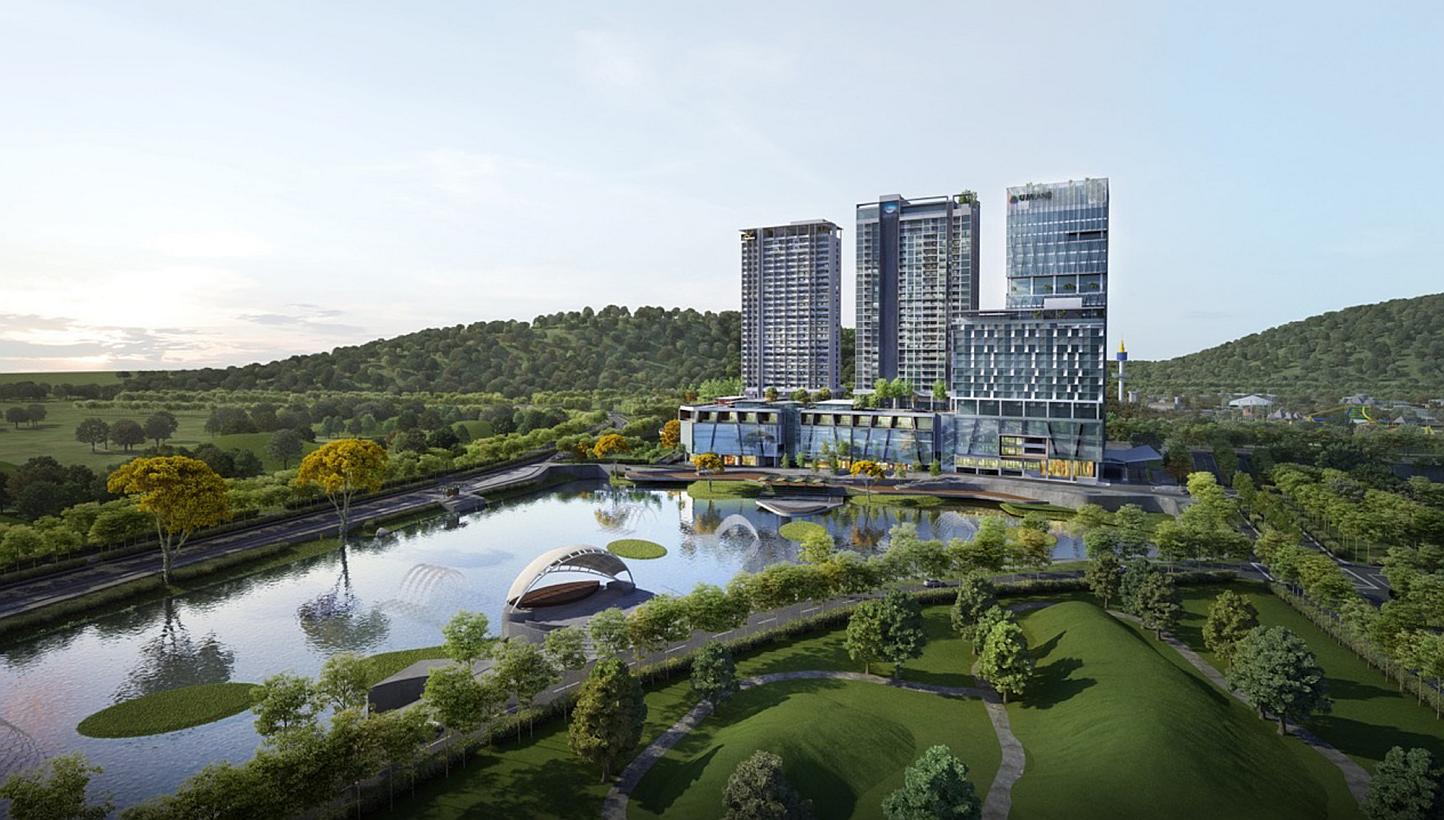 An artist's impression of UMCity Medini Lakeside development in Medini, Nusajaya. The project in the Iskandar Malaysia region comprises three serviced apartment blocks, an office tower and a three-storey retail podium.