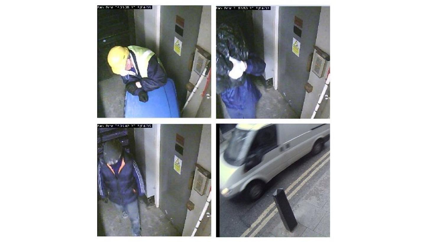 A combination of images from closed circuit television shows the robbery at Hatton Garden Safety Deposit Ltd. over the Easter weekend between April 2 and 4, and handed out by the Metropolitan police on April 13, 2015. The eight British men involved w