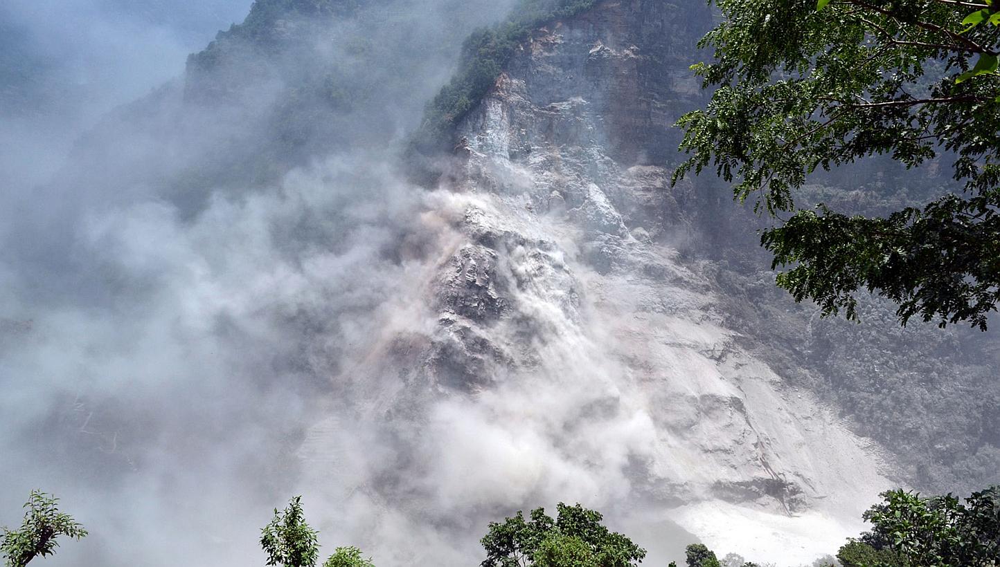 A handout photograph released by the Nepal Army on Sunday, May 24, 2015, shows an area in Nepal's mountainous north-west Myagdi district affected by a landslide.&nbsp;A river dammed up by the landslide has begun flowing again, but the risks of flash 