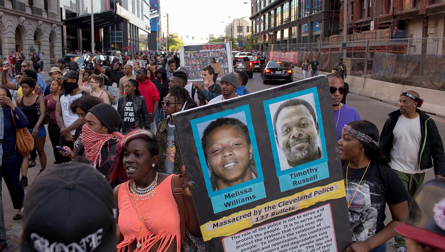 People take to the streets and protest in reaction to Cleveland police officer Michael Brelo being acquitted of manslaughter charges after he shot dead an unarmed black man and a woman&nbsp;at the end of a 2012 car chase, on May 23, 2015 in Cleveland