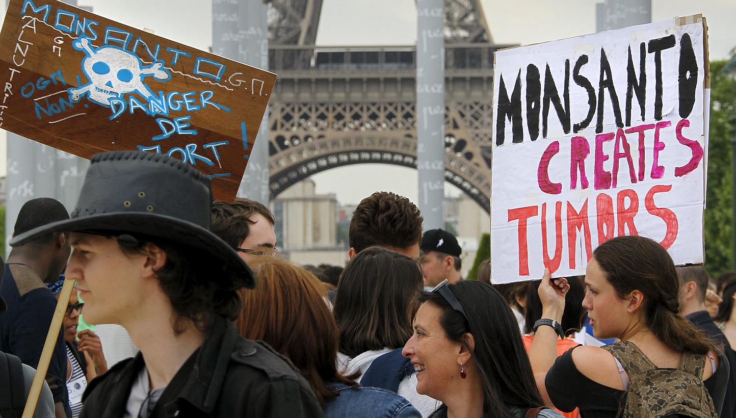 Demonstrators participate in a protest march against Monsanto, the world's largest seed company, in Paris, France, May 23, 2015. -- PHOTO: REUTERS