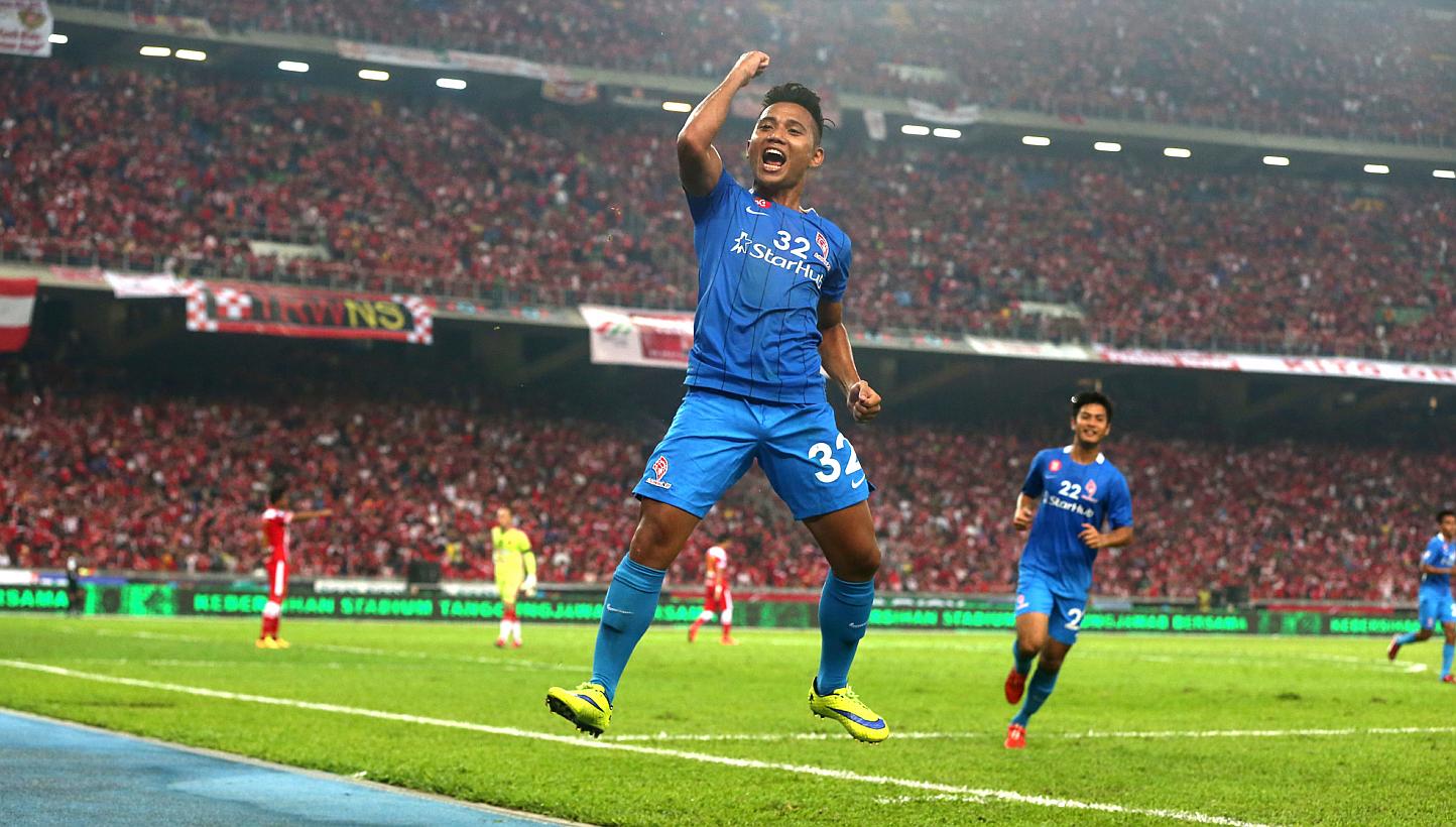 LionsXII striker Sahil Suhaimi celebrating after scoring in the Malaysian FA Cup final against Kelantan at the Bukit Jalil Stadium on May 23, 2015. -- ST PHOTO: NEO XIAOBIN&nbsp;