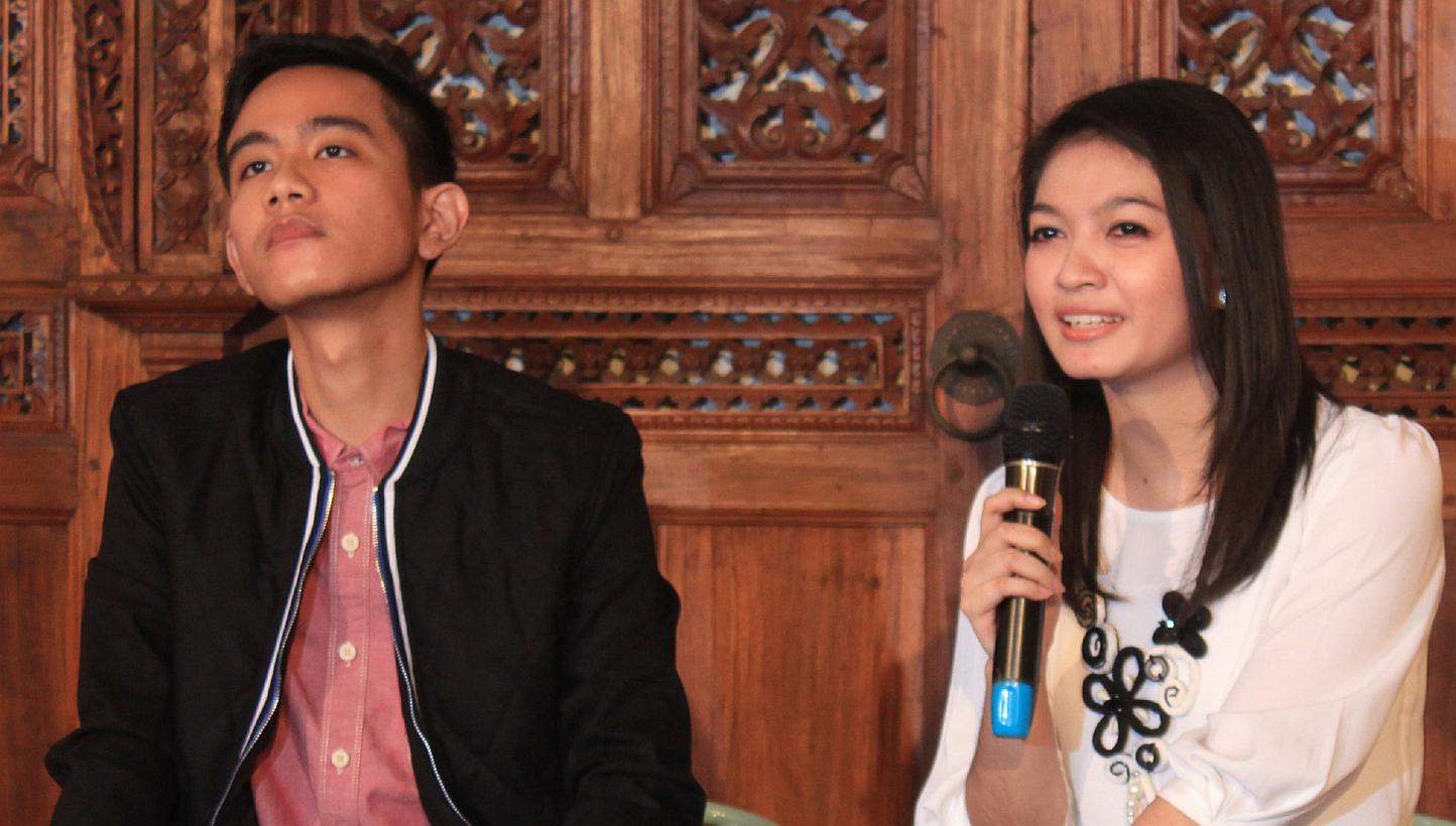 Mr Gibran Rakabuming, the son of Indonesian President Joko Widodo, and Ms Selvi Ananda at a press conference last month. The couple will marry in their hometown Solo on June 11.