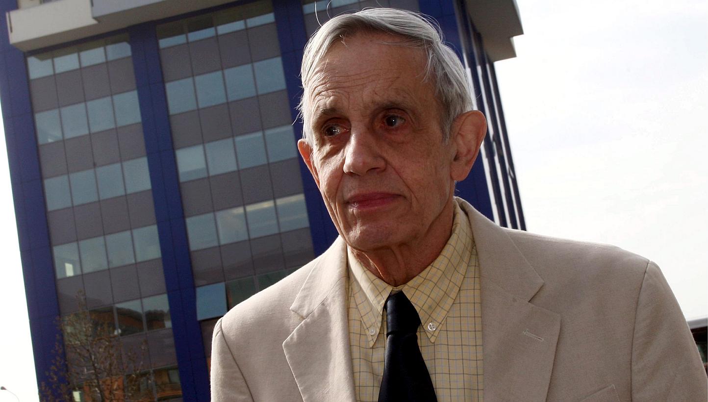 A file picture dated March 18, 2008, of Nobel Laureate, US mathematician John Nash attending a Meeting For Extraordinary Minds in Brescia, Italy. His life story was the basis for the Hollywood film A Beautiful Mind. -- PHOTO: EPA&nbsp;