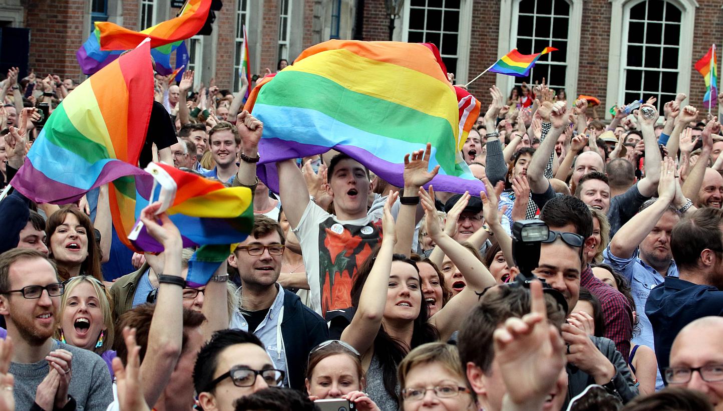 Supporters reacting outside Dublin Castle following the announcement of the result of the same-sex marriage referendum in Dublin, Ireland, on May 23, 2015. -- PHOTO: AFP&nbsp;