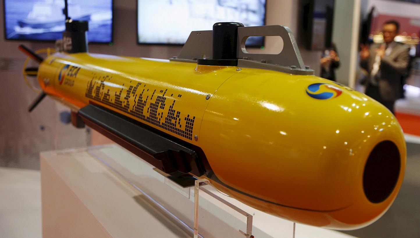 An autonomous underwater vehicle used for surveying the sea floor is displayed at the ECA Robotics booth at the IMDEX Asia maritime defence exhibition in Singapore in this May 19, 2015 file photograph. Southeast Asian nations are prioritising spendin