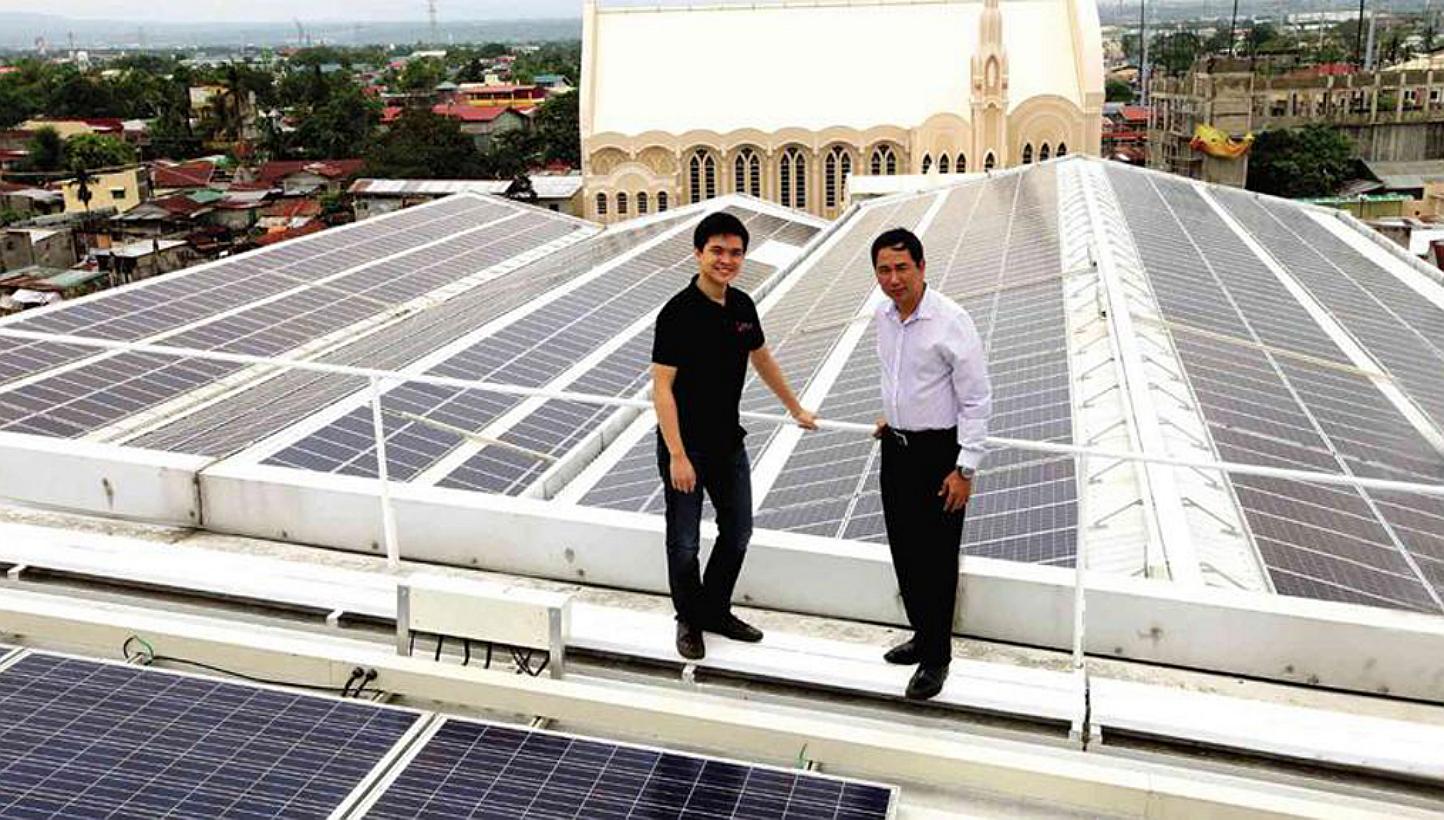 Mr Leandro Leviste (left) and former energy secretary Jericho Petilla at the inauguration of a solar farm at Central Mall in Binan.