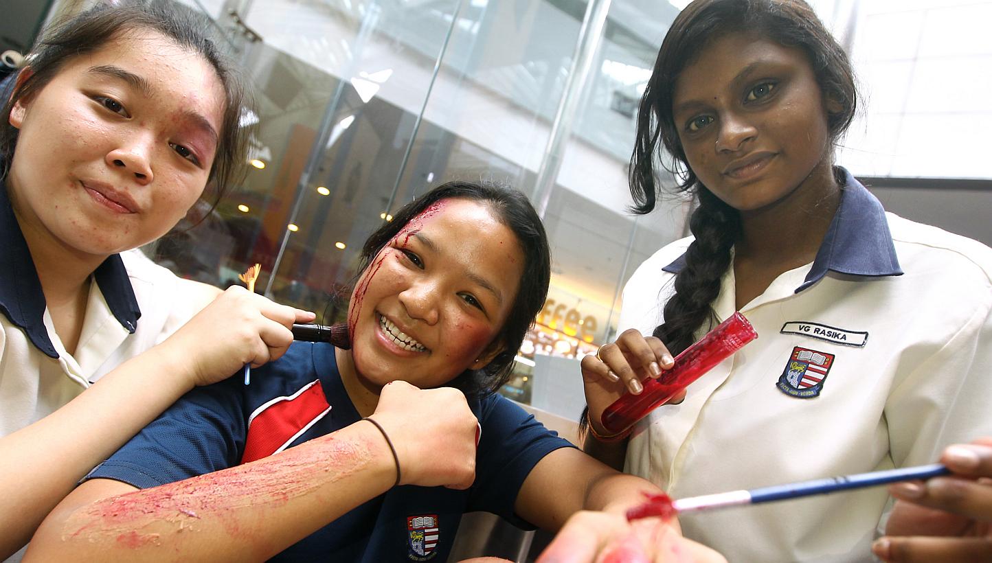 Bartley Secondary students (from left) Toh Zhi Qi, Nurdafinah Omar and VG Rasika, won first prize in the "Dermarouge" category of the ignITE Science & Technology Challenge on May 26, 2015. The trio used a combination of commercial and homemade co