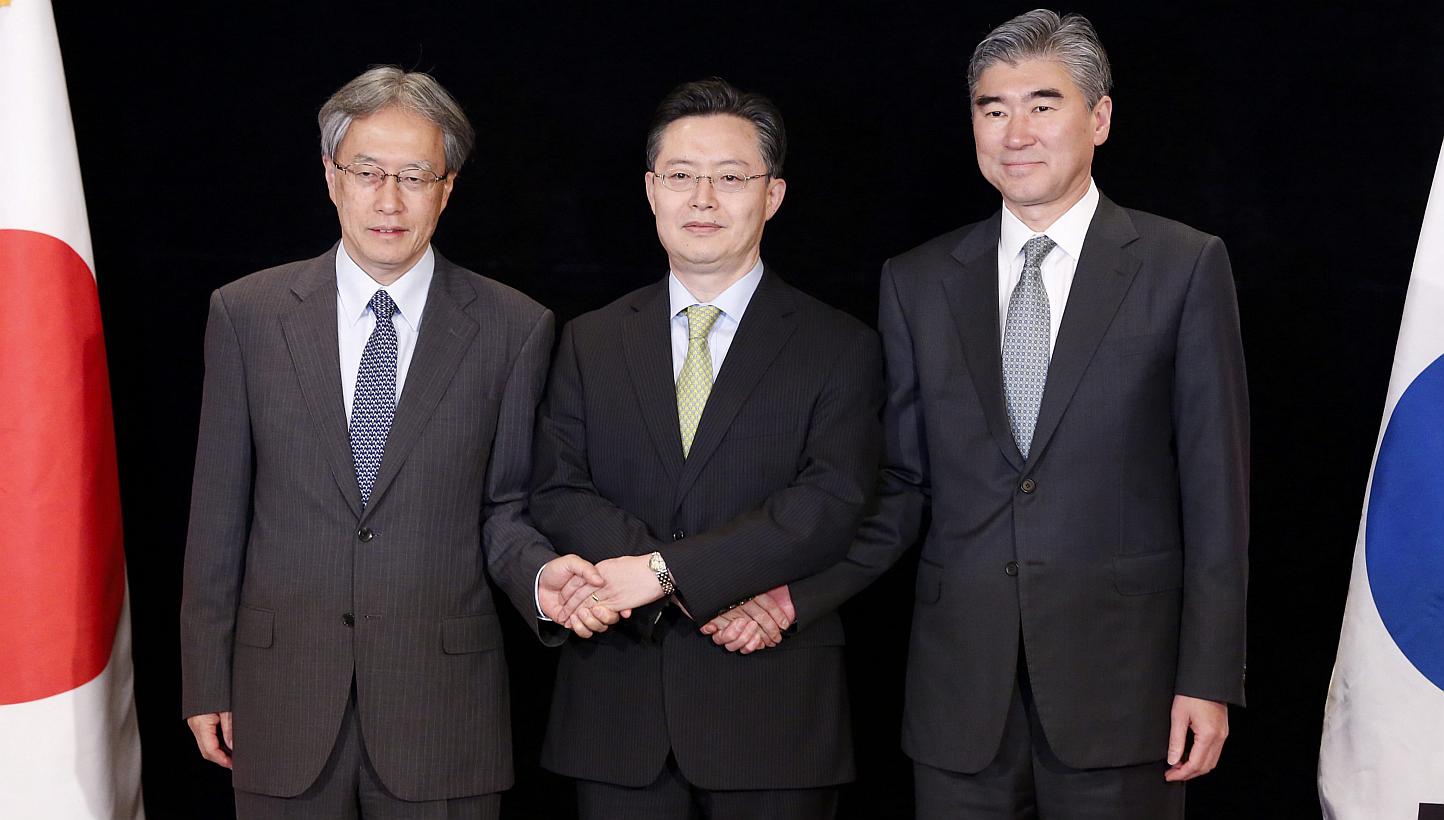 (From left to right) Japanese Foreign Ministry's Asian and Oceanian Affairs Bureau head Junichi Ihara, South Korean Special Representative for Korean Peninsula Peace and Security Affairs, Hwang Joon-Kook and USA's Special Representative for North Kor