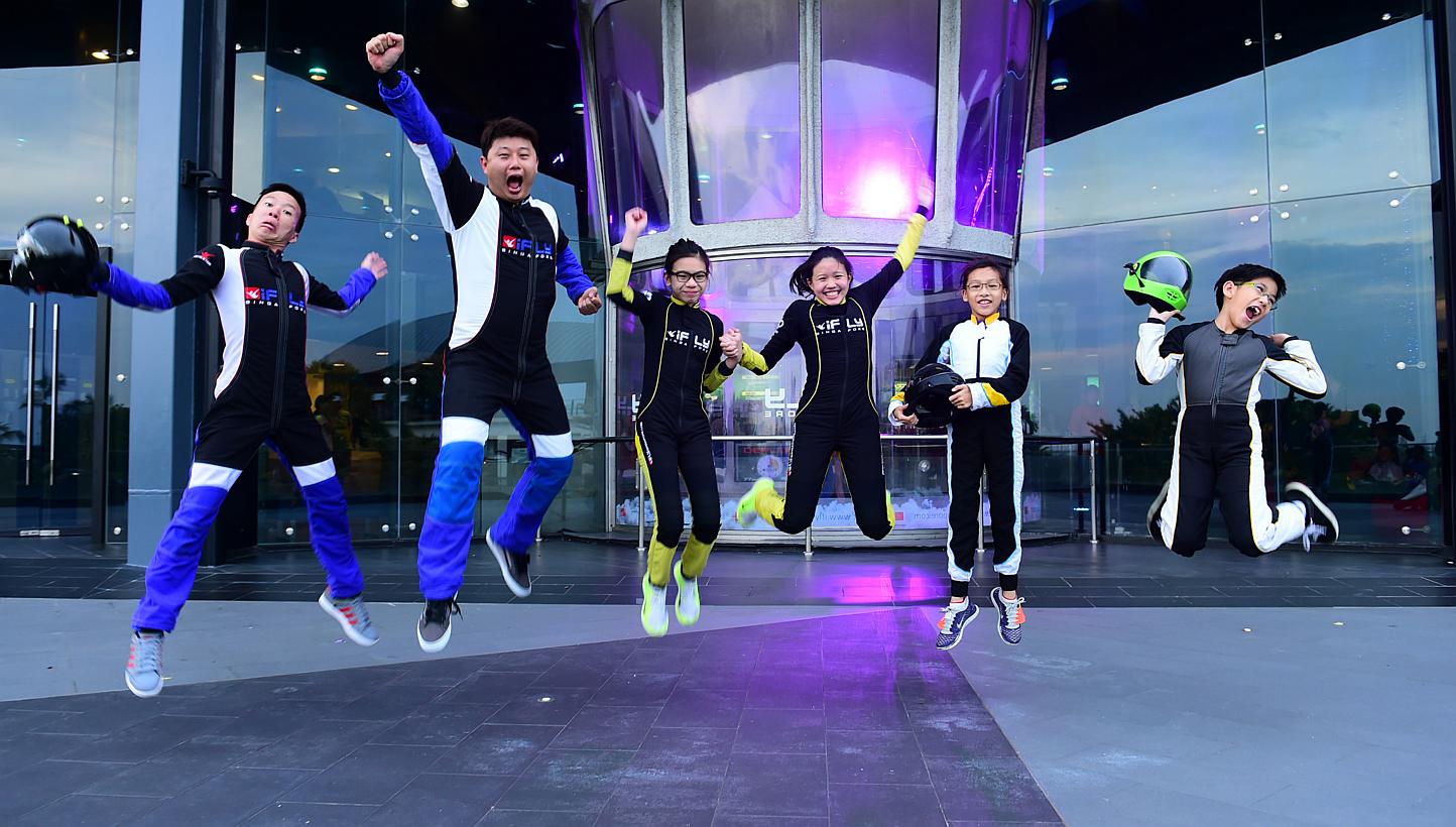 The iFly Singapore team consisting of (from left) Jonathan Loh, Lawrence Koh, Kyra Poh, Choo Yi Xuan, Lye Yu Xuan and Jordan Lee. The team broke five Guinness World Records on May 21, 2015. -- PHOTO: IFLY SINGAPORE 