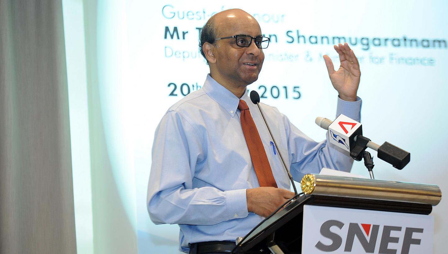 Deputy Prime Minister Tharman Shanmugaratnam making a speech during a gathering of 50 MNCs and SMEs on May 20, 2015, to pledge their support for the SkillsFuture scheme. -- ST PHOTO: TIFFANY GOH