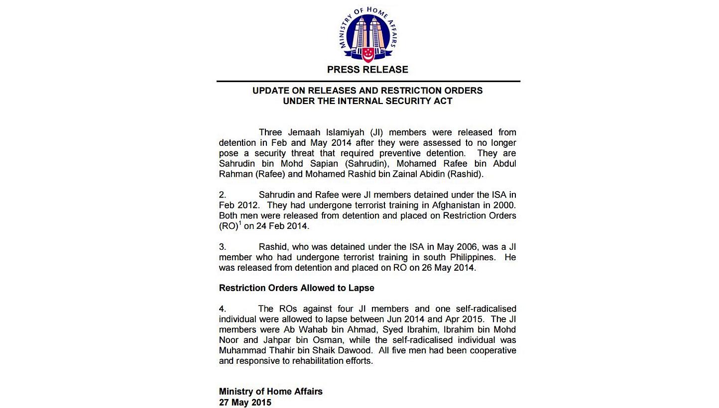The Ministry of Home Affairs press release in which it said that&nbsp;three Jemaah Islamiah (JI) members were released from detention last year after being assessed to no longer pose a security threat that requires preventive detention. -- PHOTO: MIN