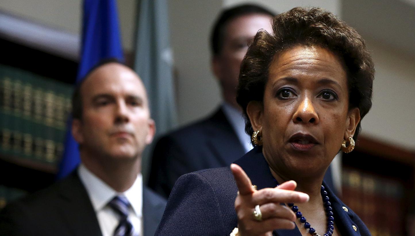 US Attorney General Loretta Lynch points during a news conference at the U.S. Attorney's Office of the Eastern District of New York in the Brooklyn borough of New York on May 27, 2015. -- PHOTO: REUTERS