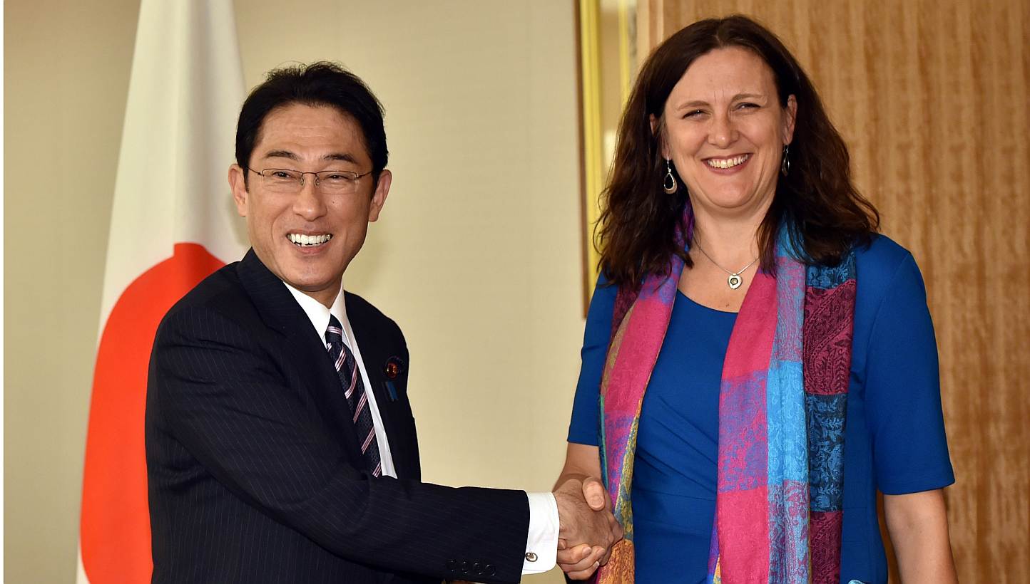European Commissioner for Trade Cecilia Malmstrom (right) shakes hands with Japanese Foreign Minister Fumio Kishida prior to their talks in Tokyo on May 27, 2015.&nbsp;Ms Malmstrom on Thursday called on Japan to accelerate negotiations on tariffs and