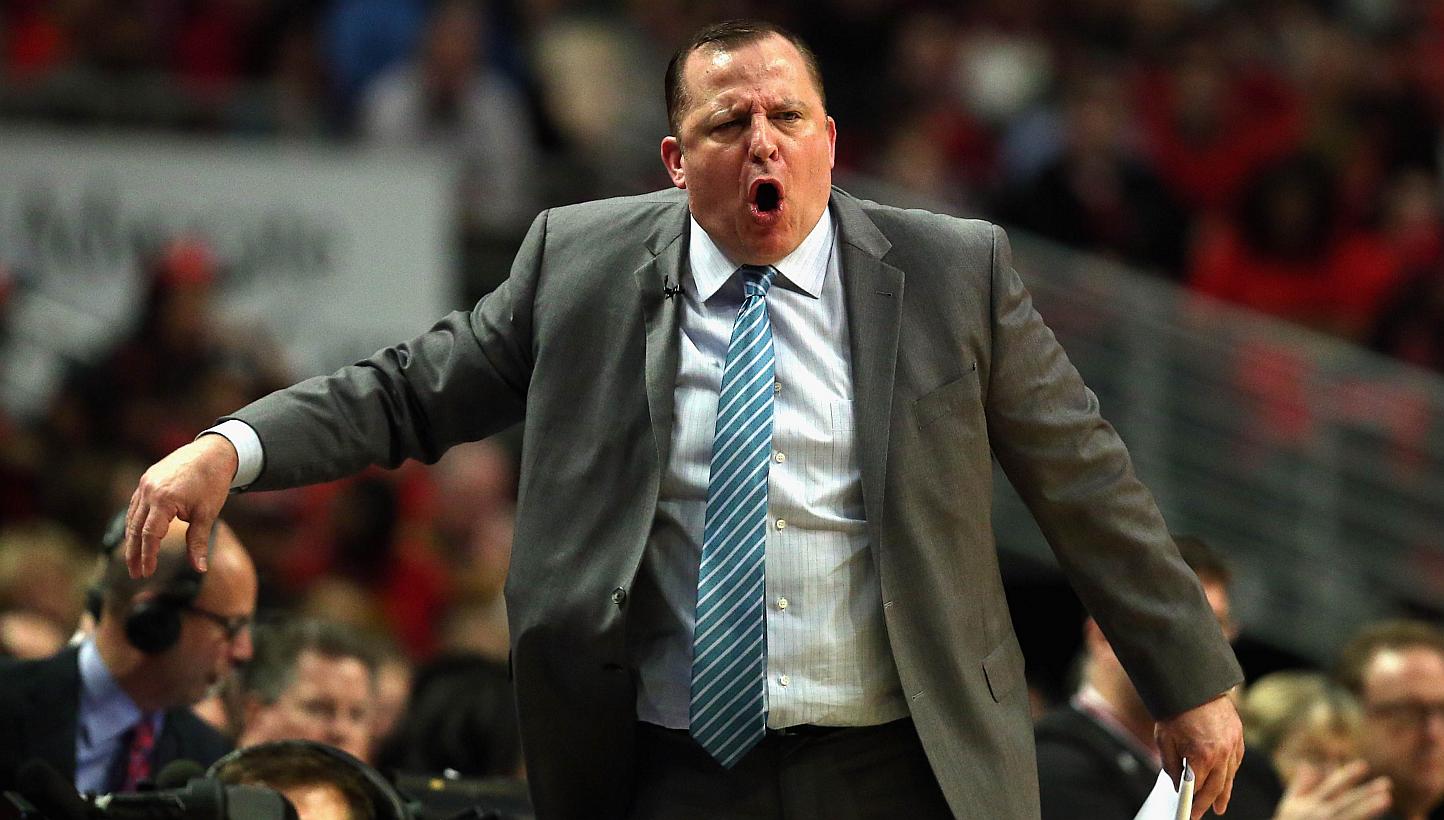 Head coach Tom Thibodeau of the Chicago Bulls yelling at a referee against the Cleveland Cavaliers in Game Four of the Eastern Conference Semifinals of the 2015 NBA Playoffs at the United Center on May 10, 2015 in Chicago, Illinois. -- PHOTO: AFP