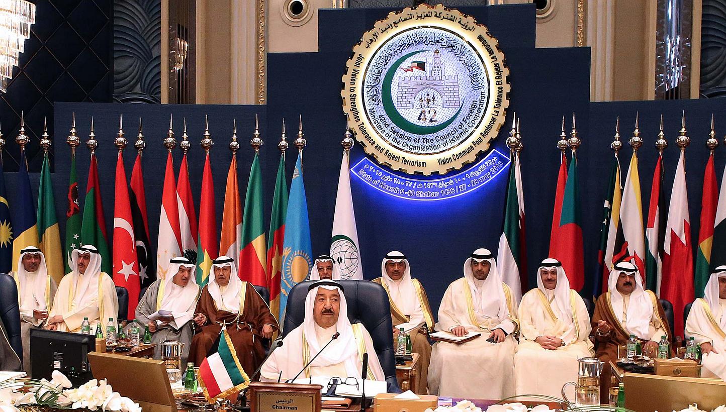 Emir of Kuwait Sheikh Sabah al-Ahmad al-Jaber al-Sabah (centre) chairs the opening of the 42nd Session of the Council of Foreign Ministers (CFM) of the Organization of Islamic Corporation (OIC) with the theme "Joint Vision to Strengthen Tolerance and