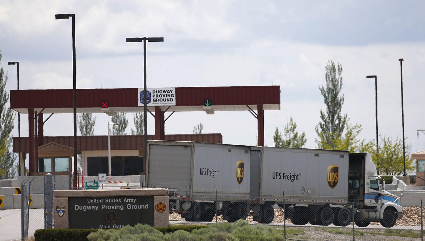 A UPS delivery truck makes a stop at the main gate of the Dugway Proving Ground on May 28, 2015, in Dugway, Utah. -- PHOTO: AFP
