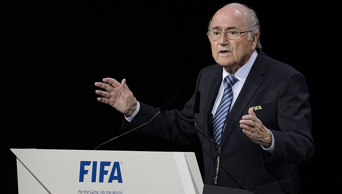 FIFA president Sepp Blatter delivers his speech ahead of the vote to decide on the FIFA presidency in Zurich on May 29, 2015. -- PHOTO: AFP&nbsp;