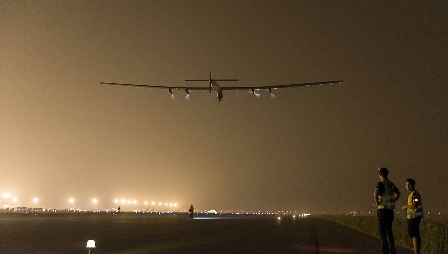 Solar Impulse 2 will land in the Japanese city of Nagoya, organisers say on Monday, as bad weather delayed a landmark attempt by the solar plane to cross the Pacific Ocean. -- PHOTO: REUTERS