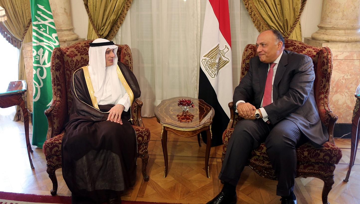 The new Saudi Foreign Minister, Adel al-Jubair (left), speaks to his Egyptian counterpart Foreign Minister, Sameh Shoukry (right), during a meeting in Cairo on Sunday (May 31). PHOTO: EPA