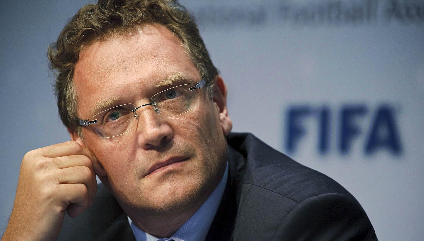 A photo taken on July 5, 2012 shows FIFA Secretary General Jerome Valcke during a press conference after a meeting of the International Football Association Board (IFAB) in Zurich. -- PHOTO: AFP&nbsp;