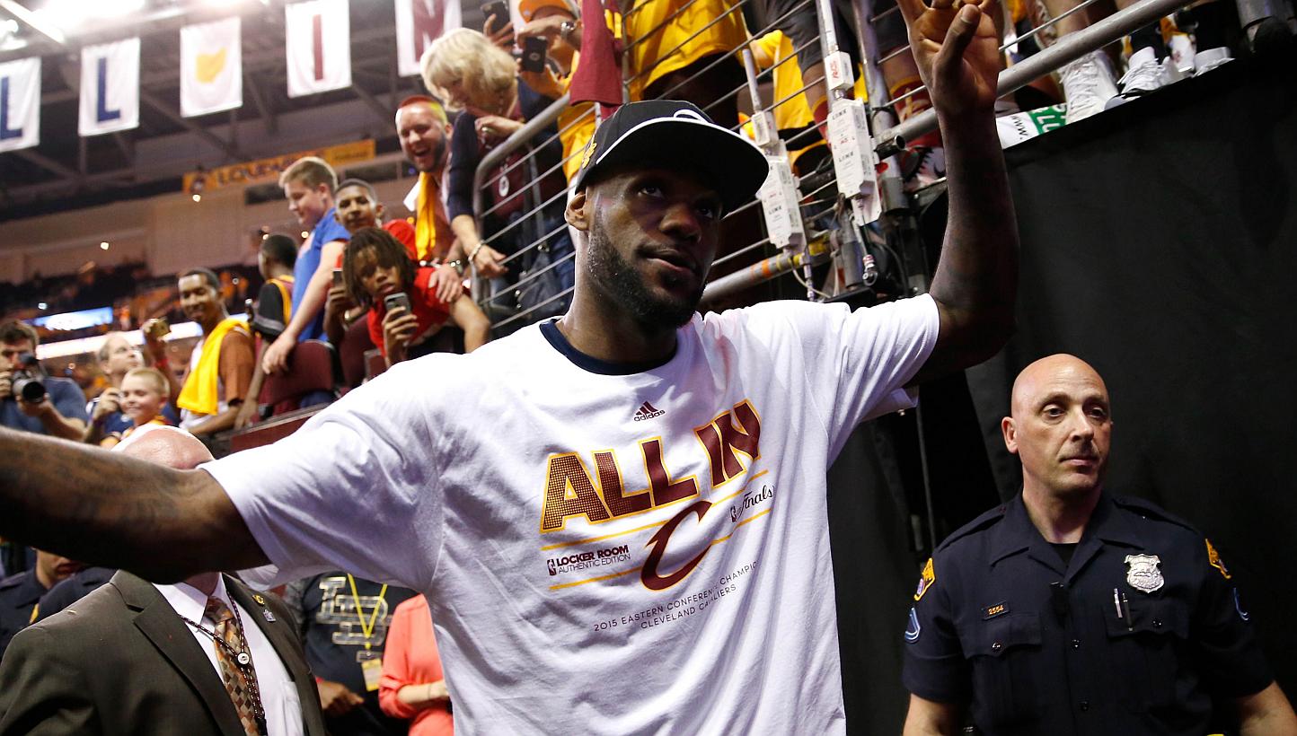 LeBron James of the Cleveland Cavaliers celebrates after defeating the Atlanta Hawks during Game Four of the Eastern Conference Finals of the 2015 NBA Playoffs at Quicken Loans Arena in Cleveland, Ohio on May 26, 2015. James feels that his revamped C