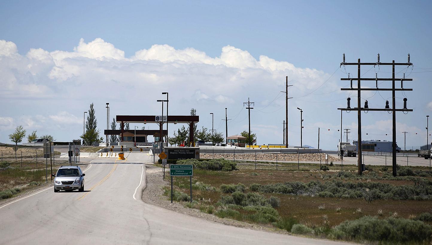 A car leaving the main gate of the Dugway Proving Ground on May 28, 2015, in Dugway, Utah. -- PHOTO: AFP