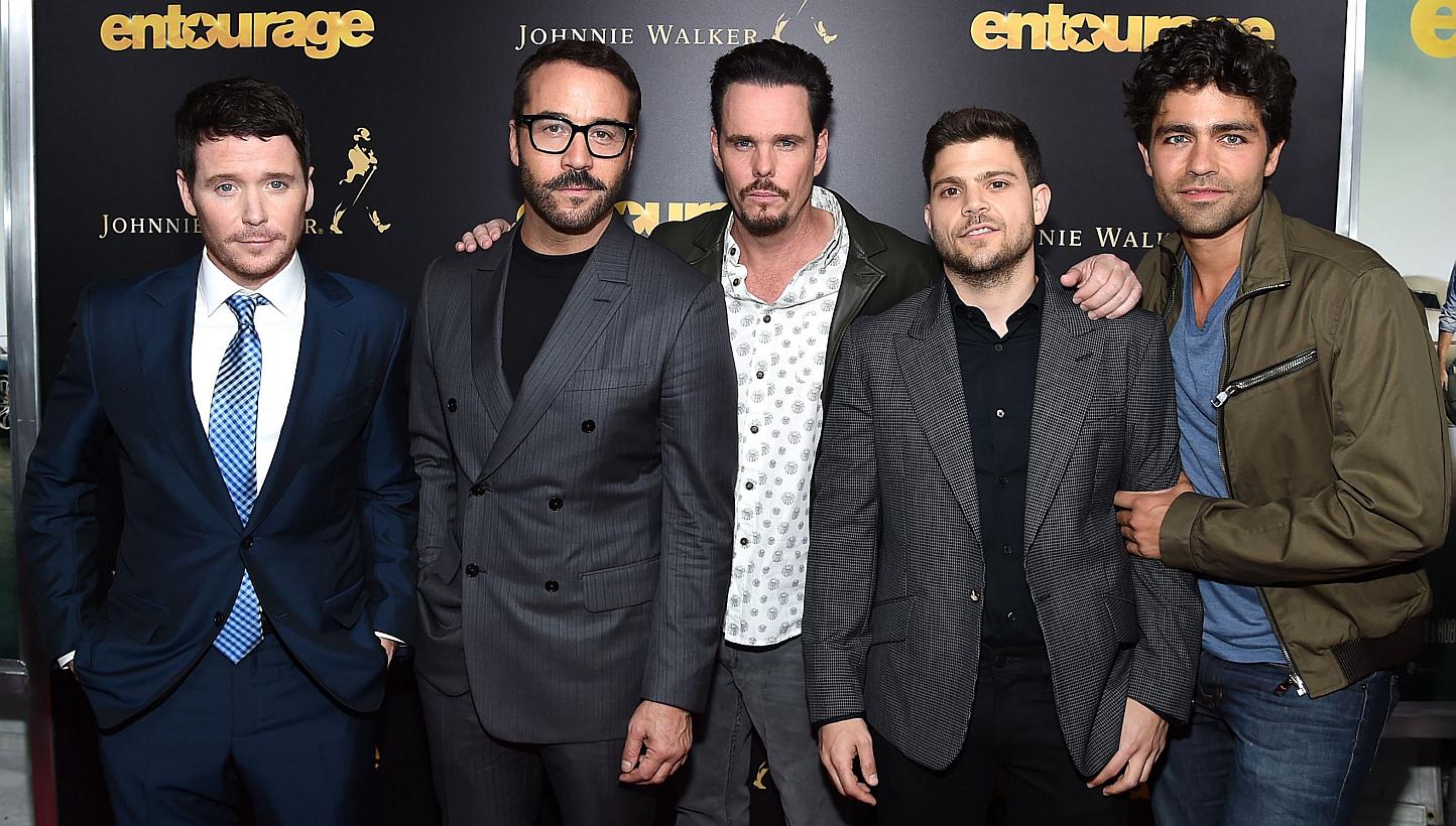 Entourage cast (from left) Kevin Connolly, Jeremy Piven, Kevin Dillon, Jerry Ferrara and Adrian Grenier at the New York premiere of the movie. -- PHOTO: AGENCE FRANCE-PRESSE