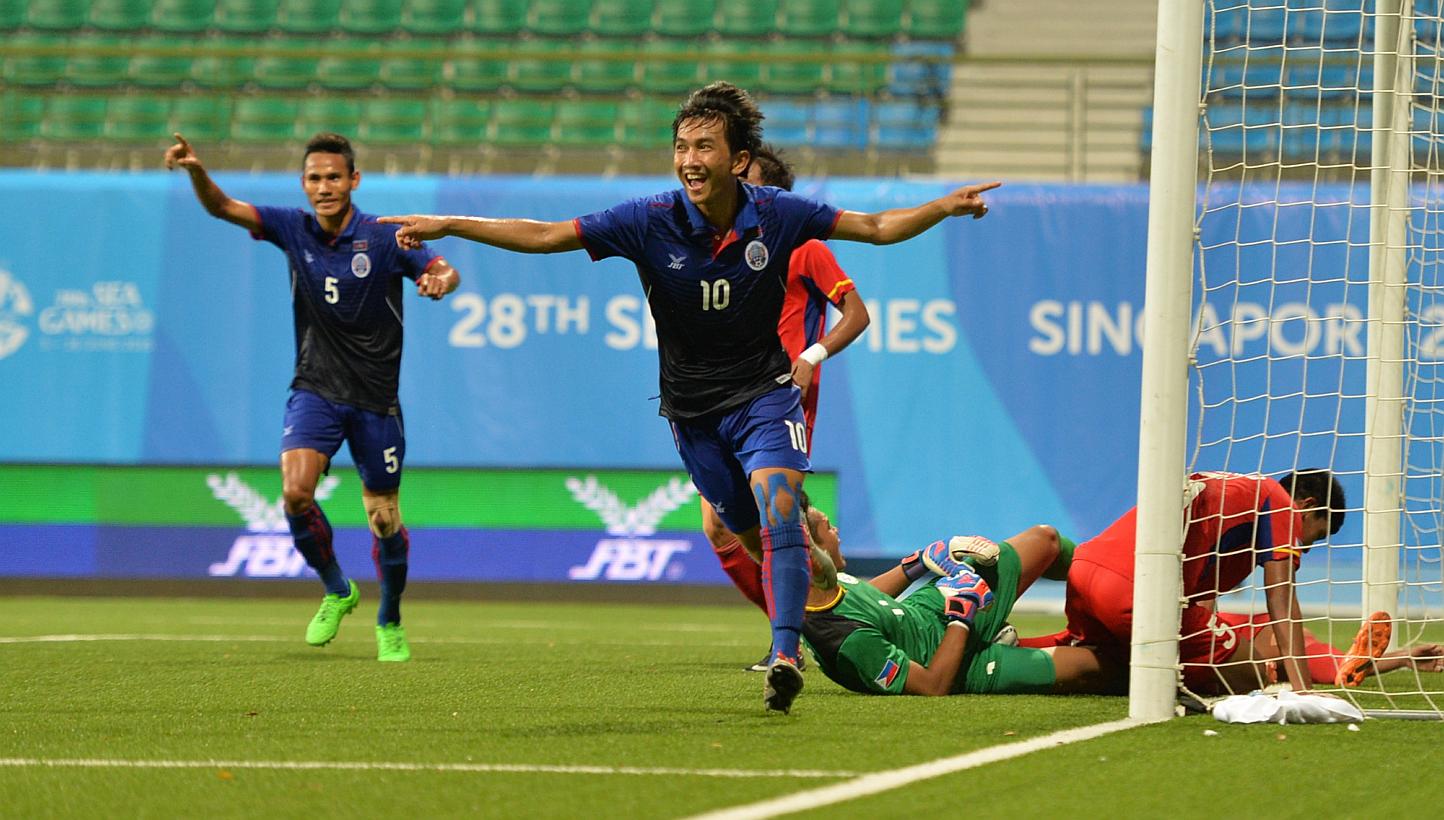 Cambodia's Keo Sokpheng celebrating after scoring his side's second goal against the Philippines, at Jalan Besar Stadium on Wednesday, June 3, 2015. -- PHOTO: THE NEW PAPER