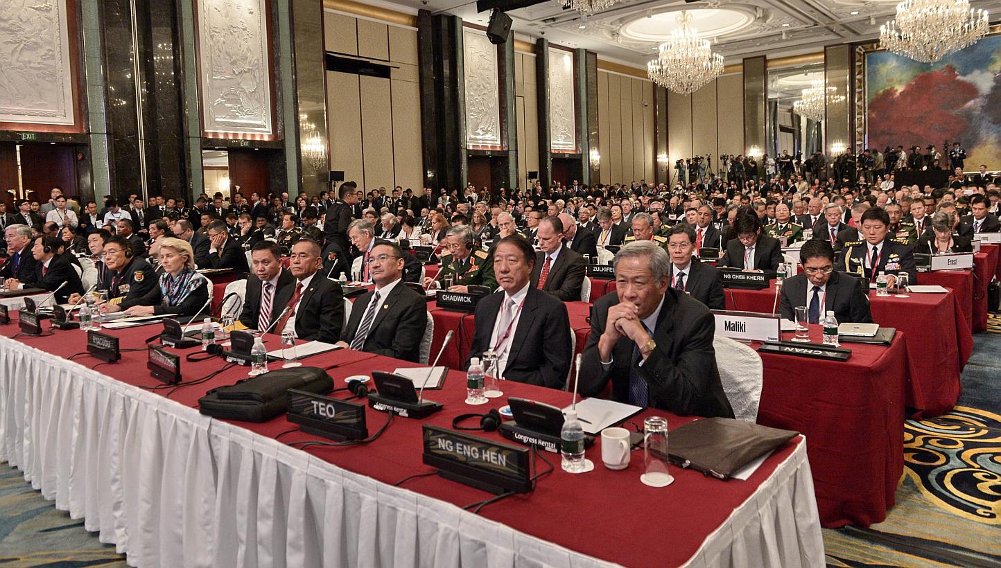 Defence ministers and delegates listening to US Secretary of Defence Ashton Carter at the Shangri-La Dialogue in Singapore on May 30, 2015. -- PHOTO: AFP 