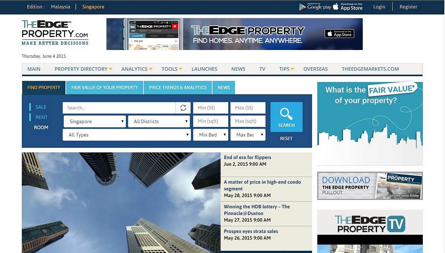 Screenshot of website TheEdgeProperty.com. Billionaire investor Peter Lim has picked up a 20 per cent stake for an undisclosed amount in the site, which is set to make its debut in the crowded real estate portal scene in Singapore this July. -- SCREE
