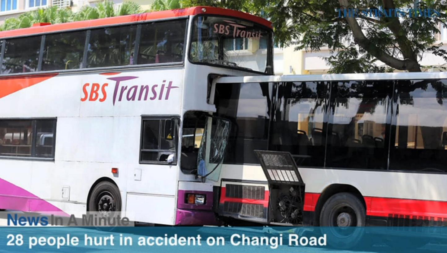 Twenty-eight people were injured in an accident involving three public buses along Changi Road this morning. -- SCREENGRAB FROM RAZOR TV