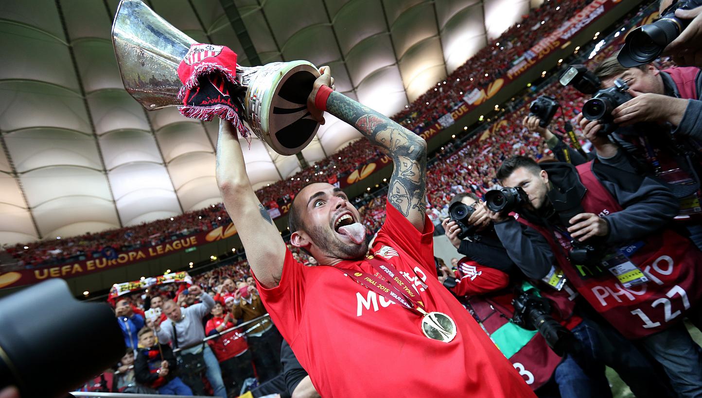 Sevilla's Aleix Vidal celebrating after winning the UEFA Europa League Final on May 27, 2015. -- PHOTO: REUTERS